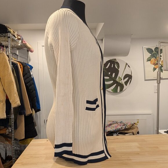 CAbi Radcliffe Cardigan Cream & Navy Gold Buttons Long Sweater - Women's sz M - Picture 3 of 7